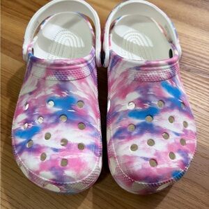 CROCS Pink and Blue Tie-Dye Sandals